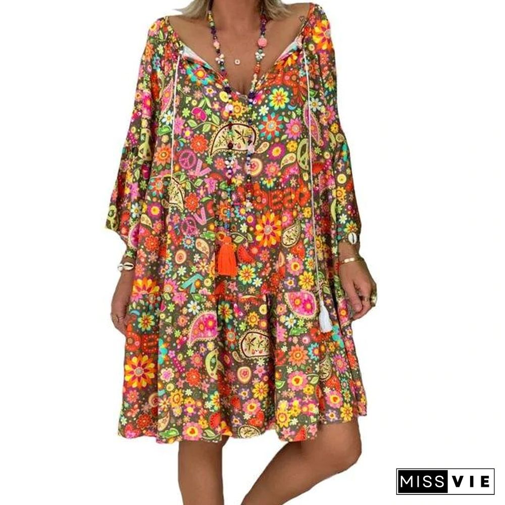 Summer Women Boho Floral Long Sleeve Dress Holiday Beach Shirt Dress Ladies Print Mini Dress Plus Size S-5XL