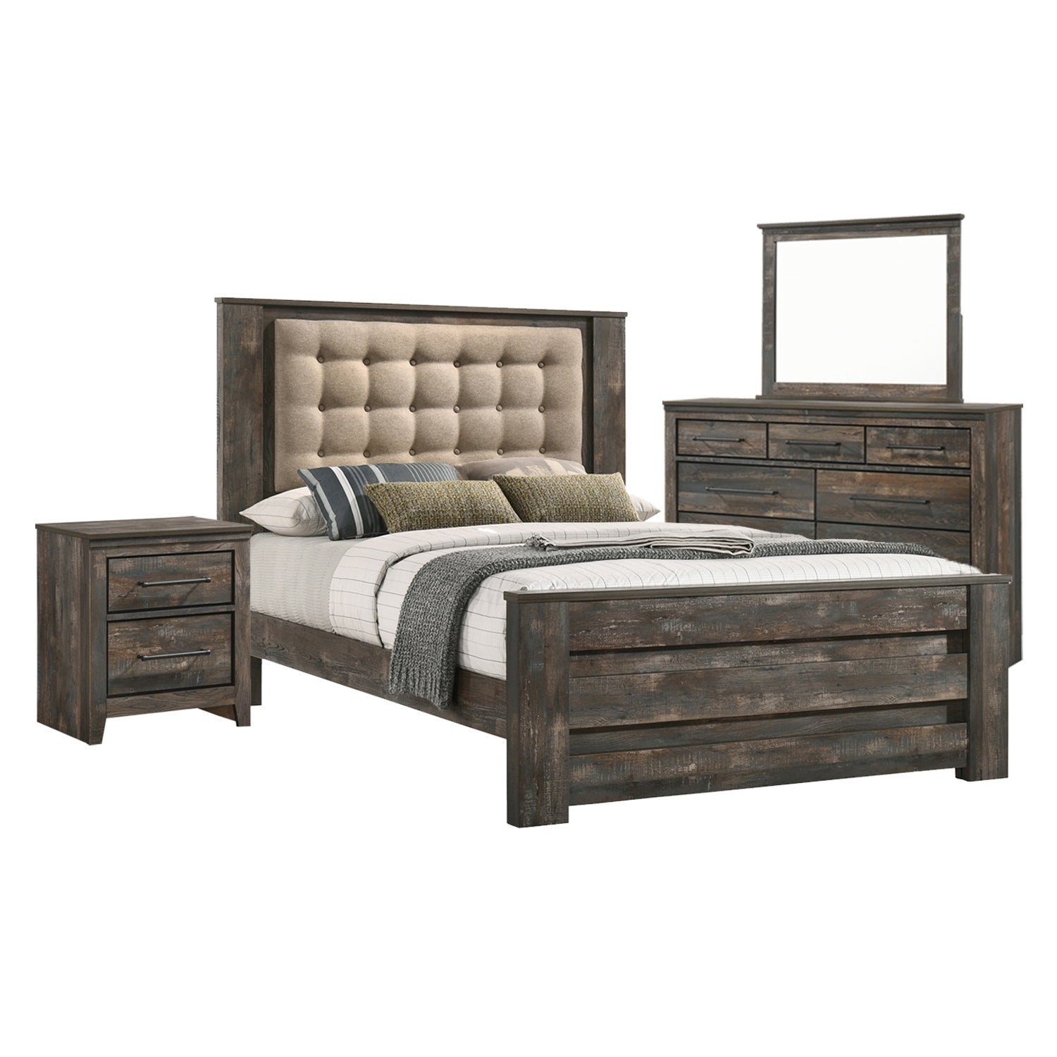 Upholstered Queen Bedroom Set in Latte and Weathered Dark Brown - - 36135830