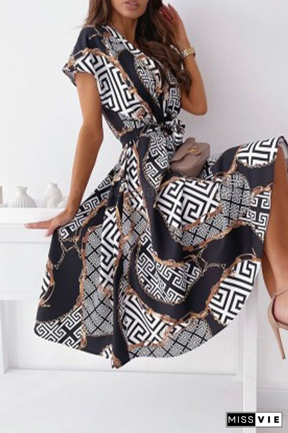 Celebrities Elegant Print Patchwork V Neck Shirt Dress Dresses