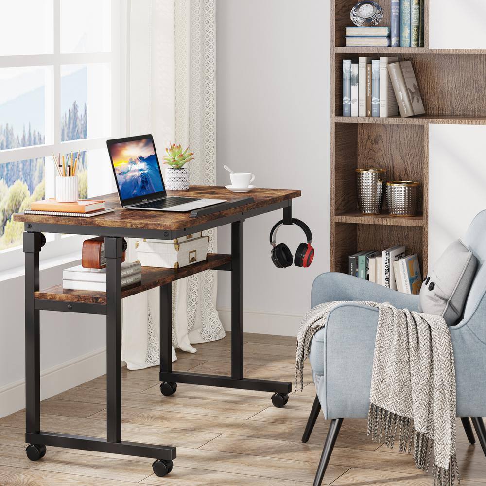 BYBLIGHT Moronia 31.5 in. Brown Portable Laptop Desk H Adjustable Bedside Table with Tiltable Drawing Board and Wheels BB-C0566GX