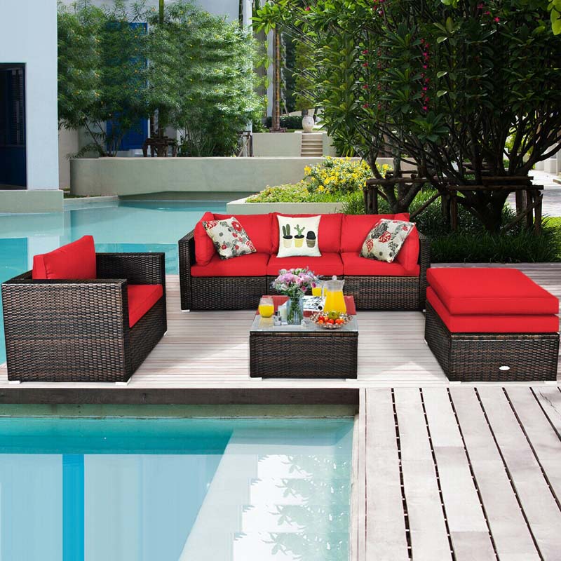 6 Pcs Patio Rattan Sectional Furniture Set Outdoor Conversation Sofa Set with Cushions