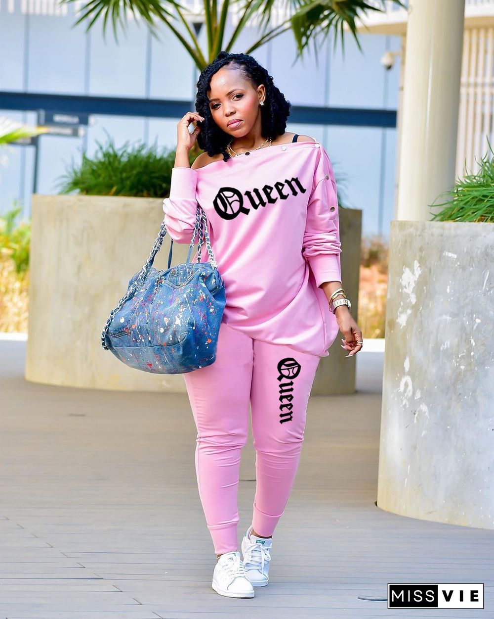 Letter Off Shoulder T-shirt Jogger Pants Tracksuit