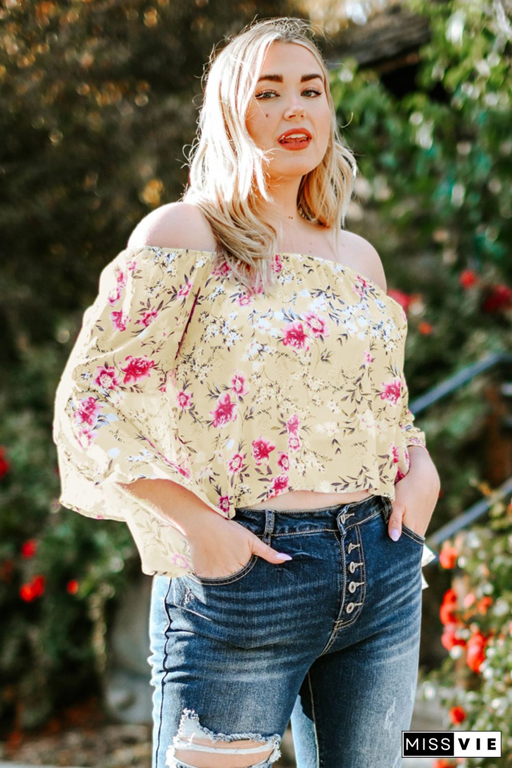 Plus Size Floral Off Shoulder Ruffle Sleeve Top