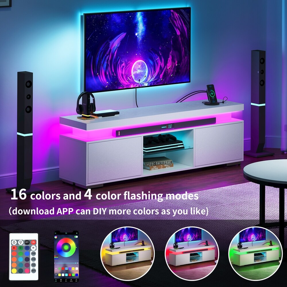 Modern LED Entertainment Center TV Stand Media Console with Power Outlets USB Port