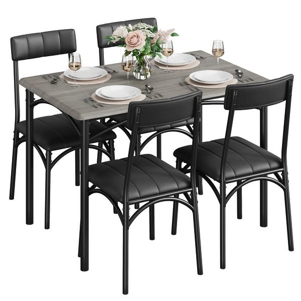 Dining Table Set for 4， Kitchen Table and Chairs， Metal and Wood Rectangular Dining Room Table Set with 4 Upholstered Chairs