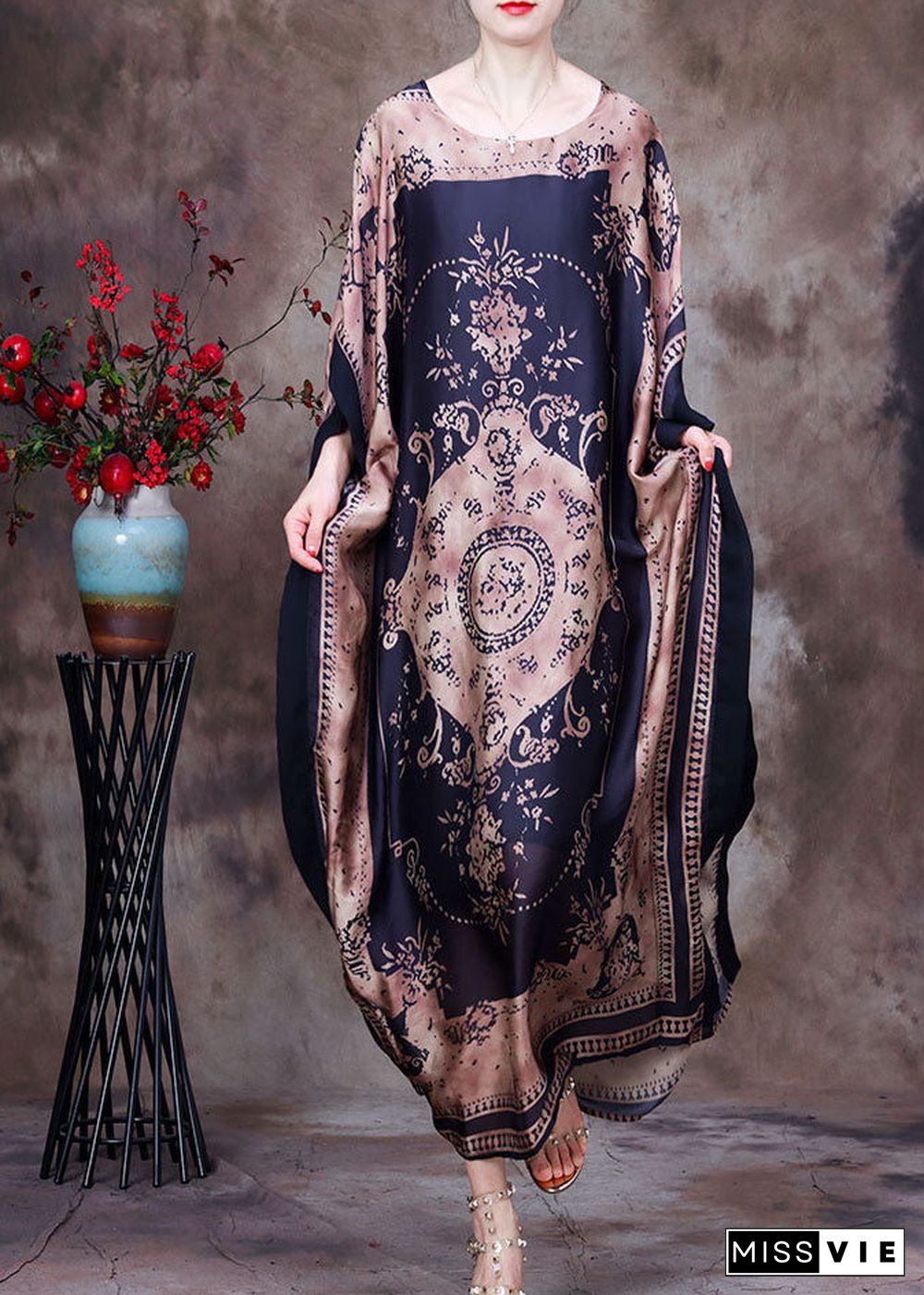 Modern Chocolate O-Neck Print Silk Long Dress Gown Batwing Sleeve