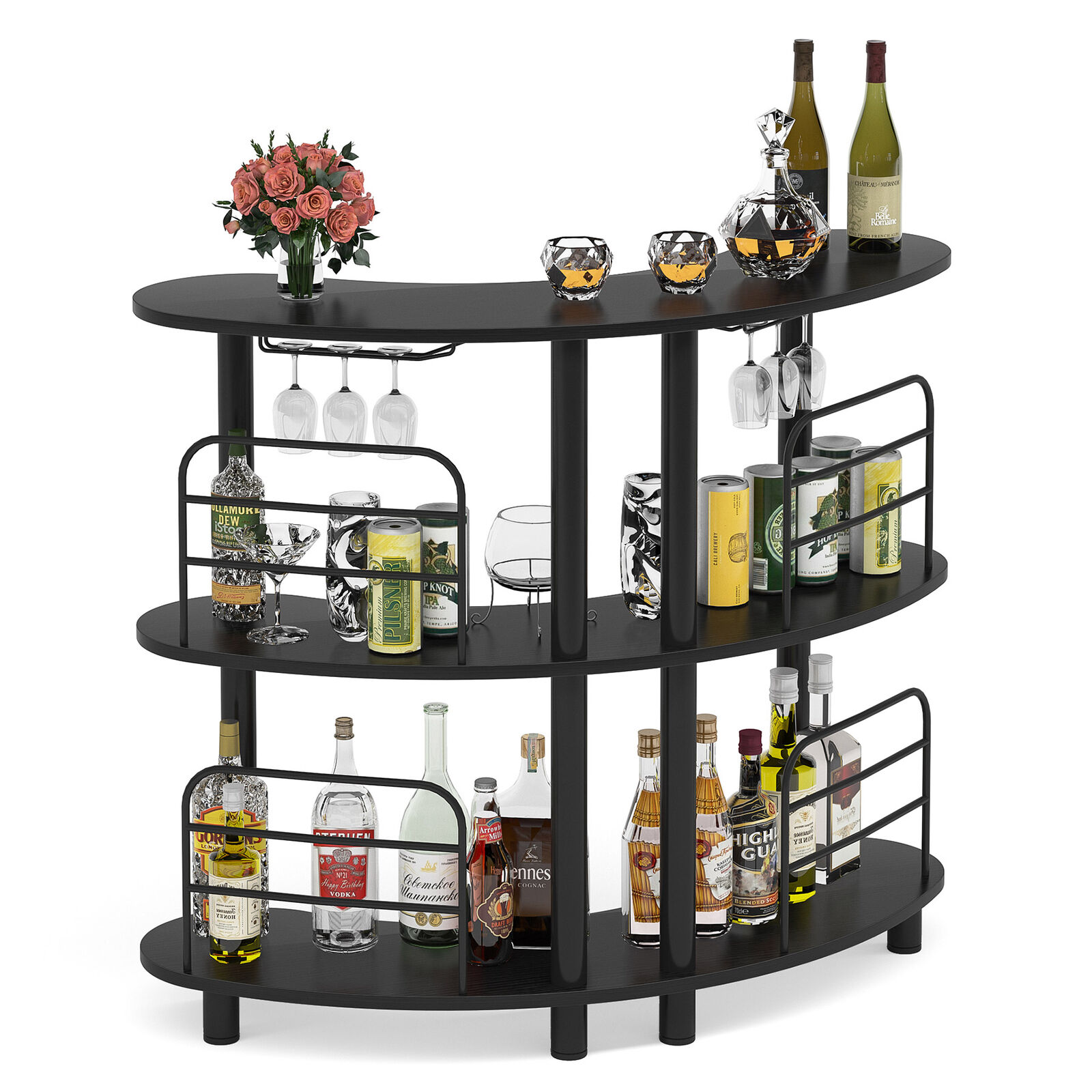 Tribesigns 3 Tier Liquor Bar Cabinet， Kitchen Wine Bar Storage with Shelves and Glasses Holder， Black