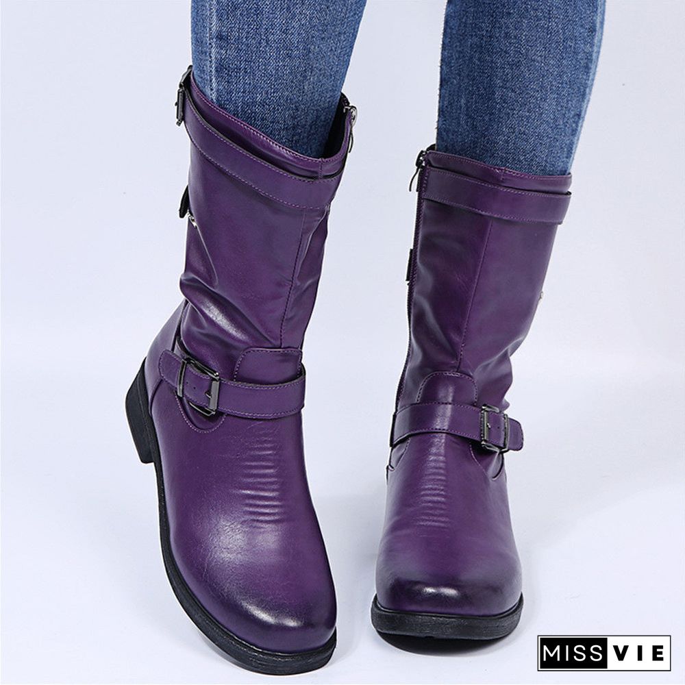 Women's Casual Solid Color Round Toe Low Heel Mid-barrel Boots