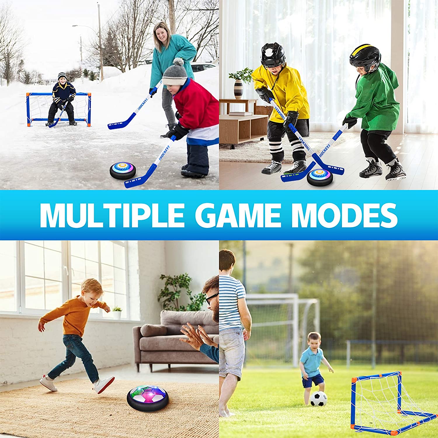 VEPOWER 2-in-1 Hover Hockey Soccer Kids Toys Set， USB Rechargeable and Battery Hockey Floating Air Soccer with Led Light， Indoor Outdoor Games Sport Toys Kit for Kids Boys Girls Ages 3 4 5 6 7-12