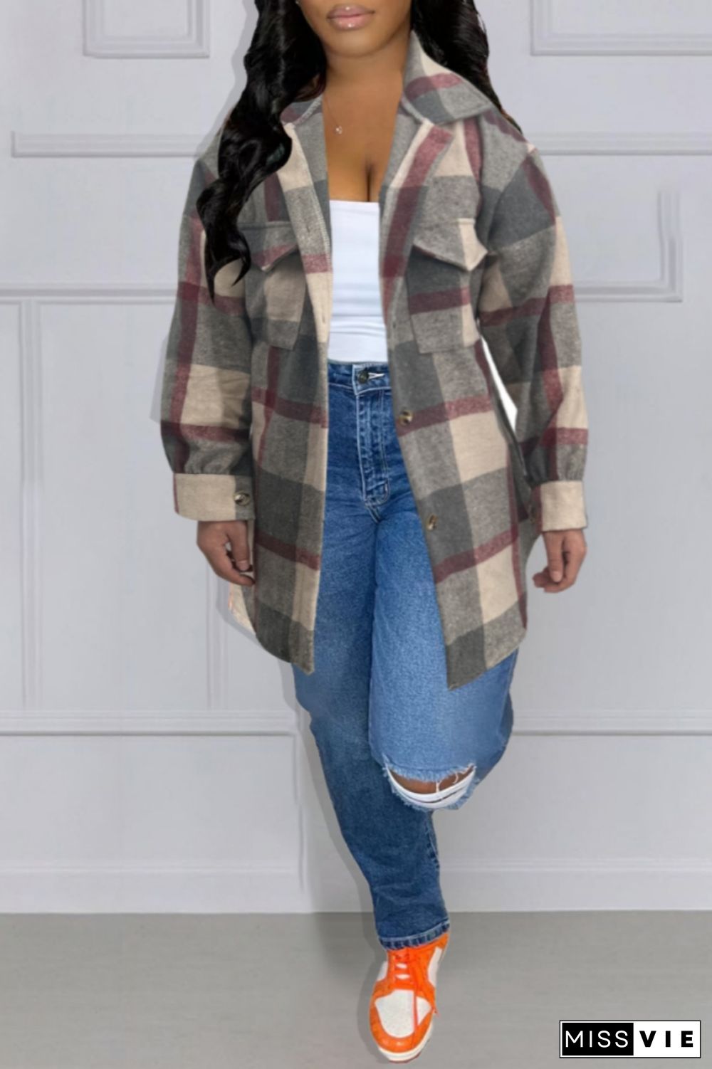 Rose Red Casual Plaid Patchwork Shirt Collar Tops