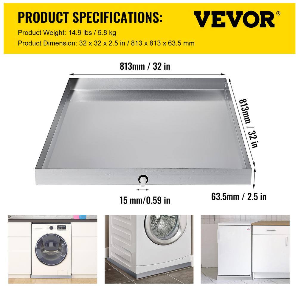 VEVOR 32 in. x 32 in. x 2.5 in. Washing Machine Pan 18 GA Thickness 304 Stainless Steel Heavy Duty Compact Washer Drip Tray SC32X32X2.5YC0001V0