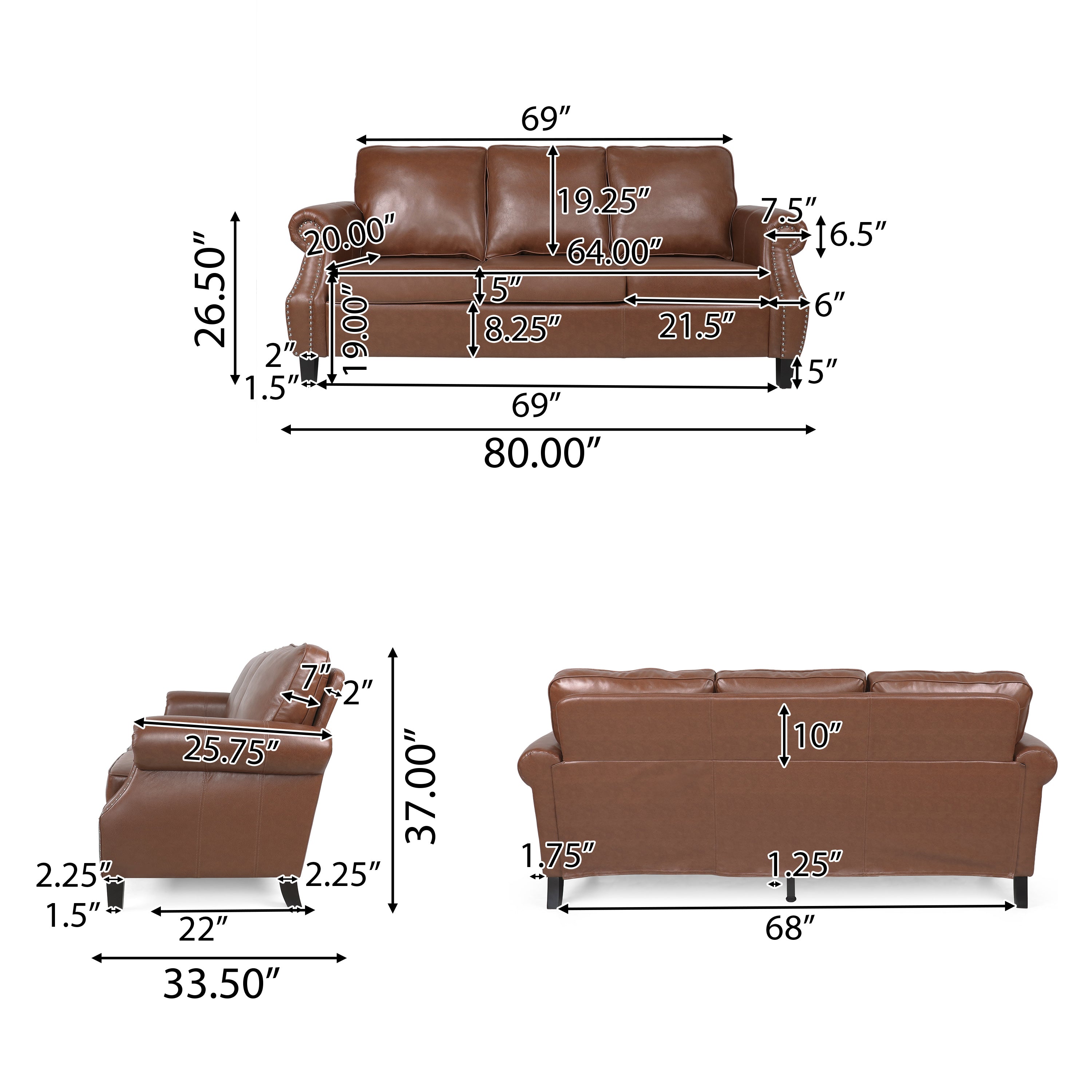 Burkehaven Contemporary Faux Leather 3 Seater Sofa with Nailhead Trim