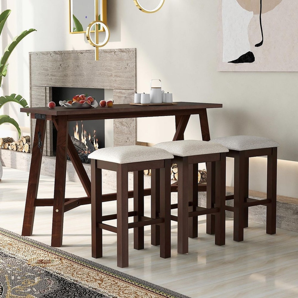 Multipurpose Home Kitchen Dining Bar Table Set with 3 Upholstered Stools