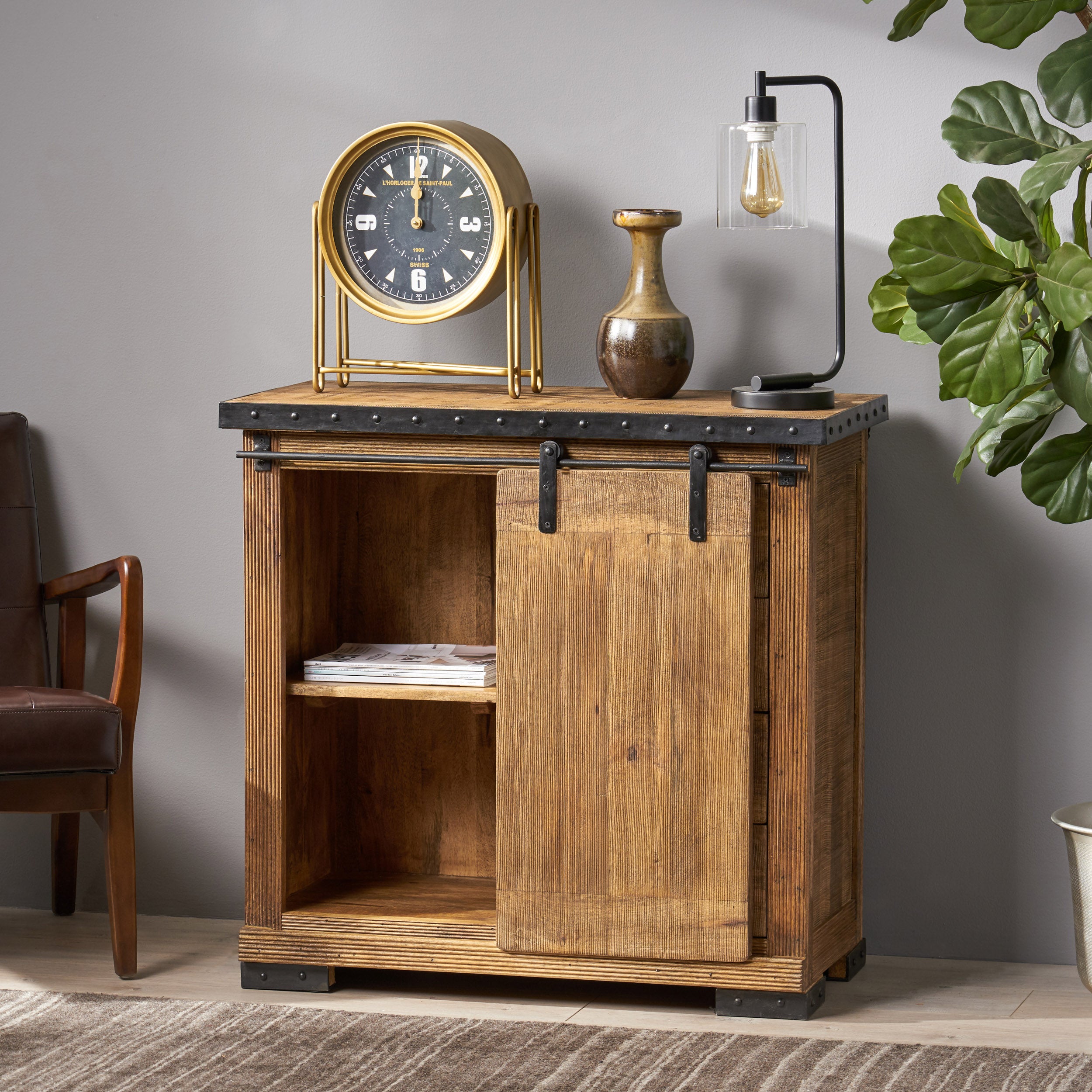 Leila Modern Industrial Mango Wood Cabinet, Natural Finish and Black