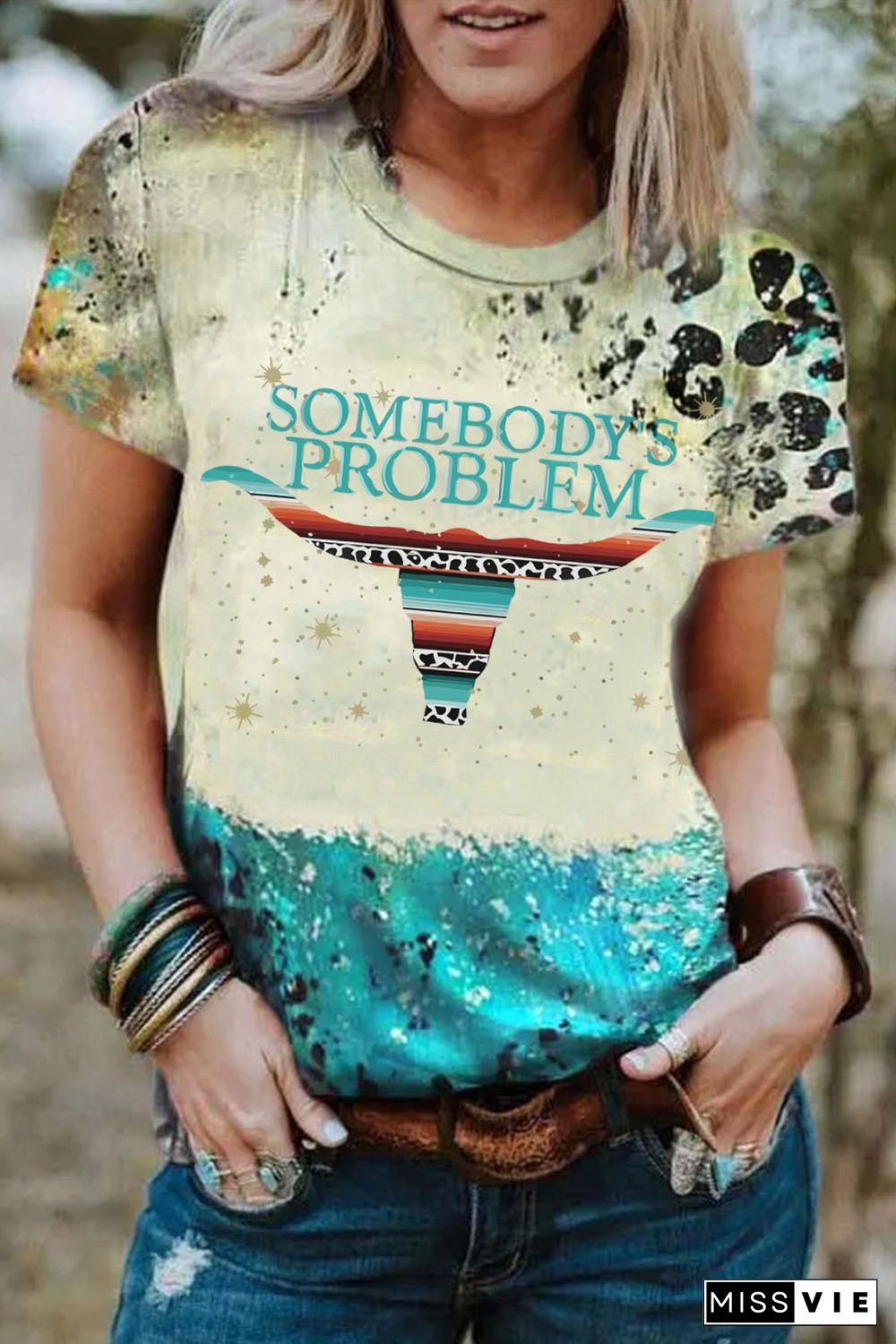 Sky Blue SOMEBODYS PROBLEM Western Graphic Print Tee