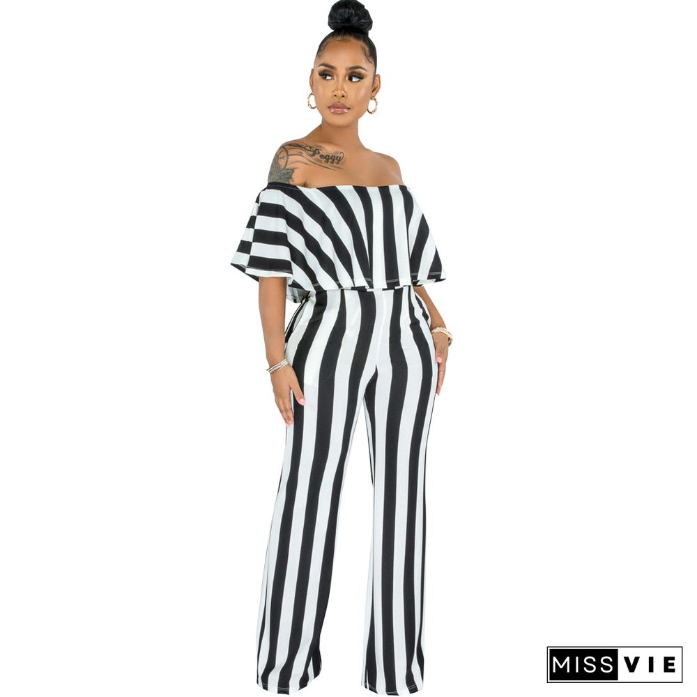 Striped Off Shoulder Wide Leg Jumpsuits