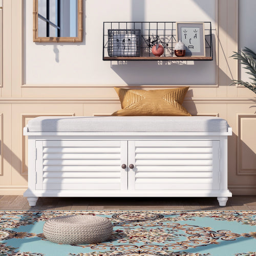 Wulawindy Storage Bench with Removable Cushion, Louver Design Wooden Shoe Bench for Entryway Living Room Bedroom (White)