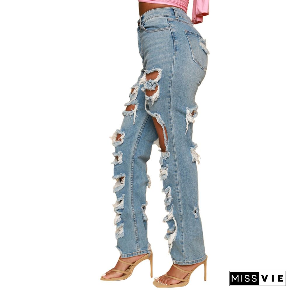 High Waist Streetwear Ripped Hole Jeans Pants