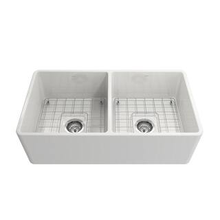 BOCCHI Classico White Fireclay 33 in. Double Bowl Farmhouse Apron Front Kitchen Sink with Faucet 1139-001-2020CH