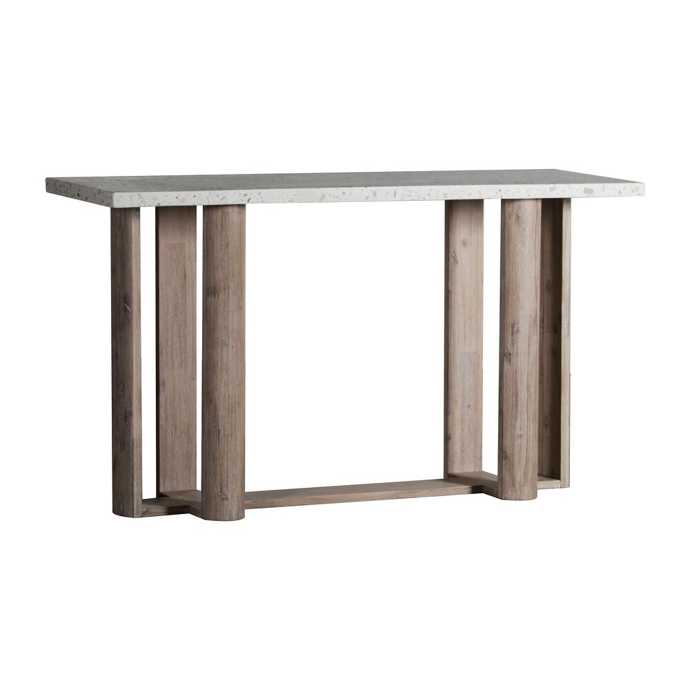 Kinsley Indoor Outdoor White Terrazzo and Acacia 55 inch Rectangular Trestle Console Table