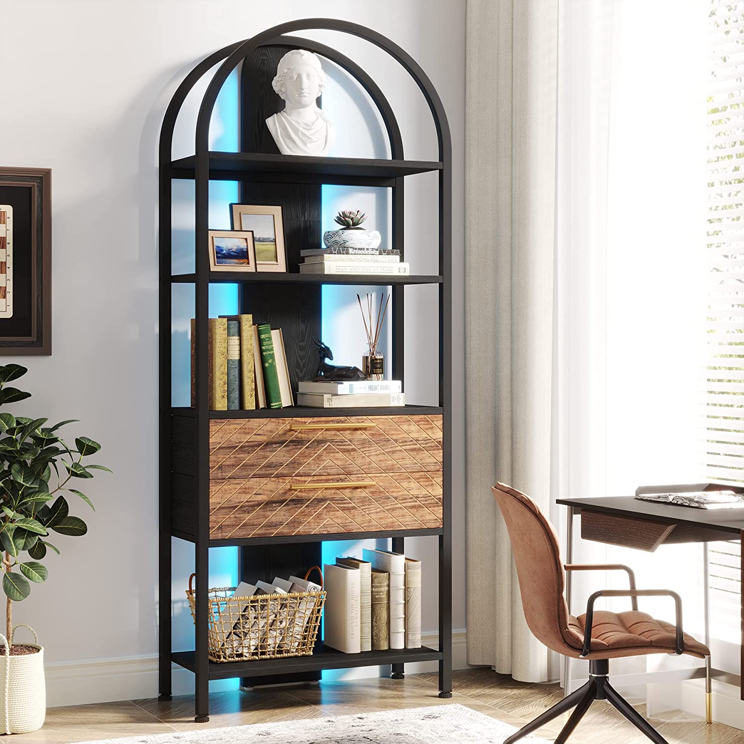 4-Tier Bookshelf, Industrial Bookcase with 2 Drawers & LED Light