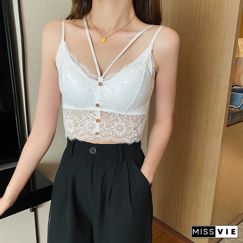 New Sexy Tank Top Lace Halter Crop Tops Women Summer Camis Backless Camisole Fashion Casual Tube Female Sleeveless Cropped Vest