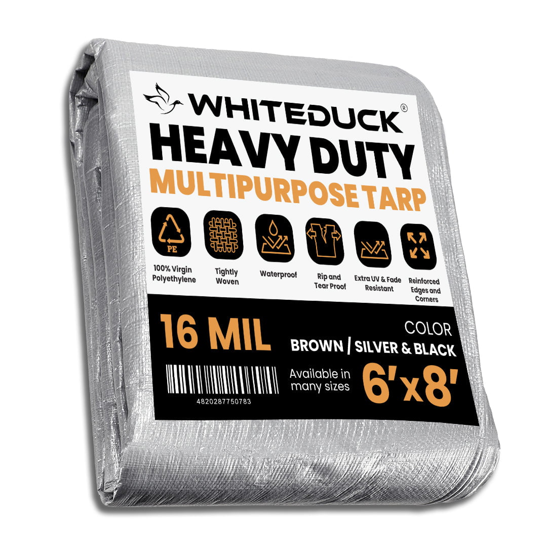 WHITEDUCK 6' x 8' Super Heavy Duty Poly Tarp Thick 16 Mil, Waterproof 100% UV Resistant Rip/Tear Proof Tarp w/Rustproof Grommets & Reinforced Edges (Silver Black)