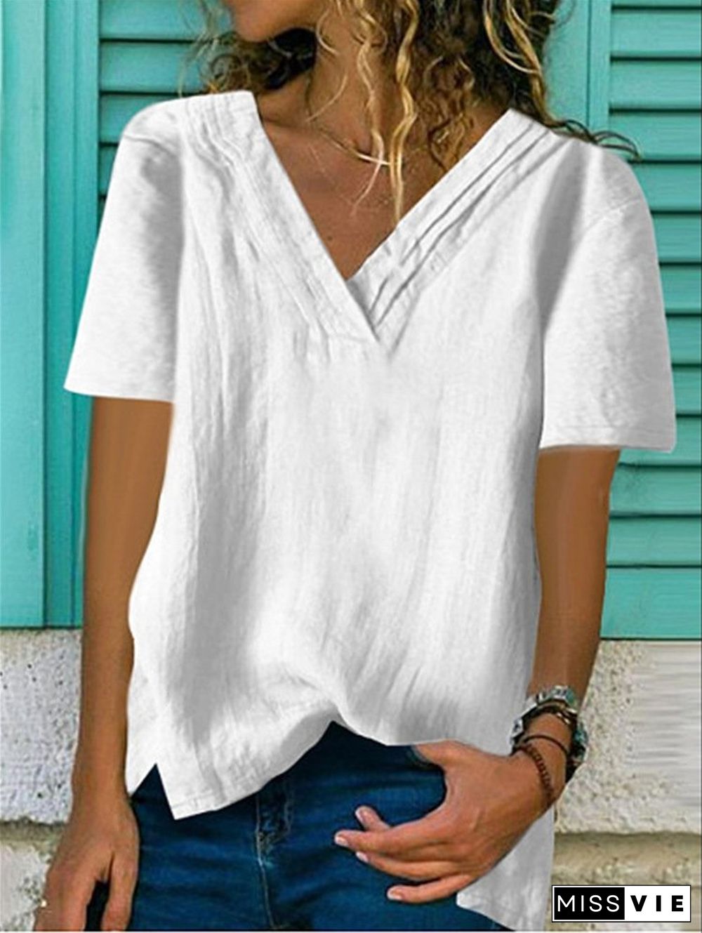 Women's Big V Neck Short Sleeve Hem Bifurcated Multi-layer Collar Pleated T-Shirt Top