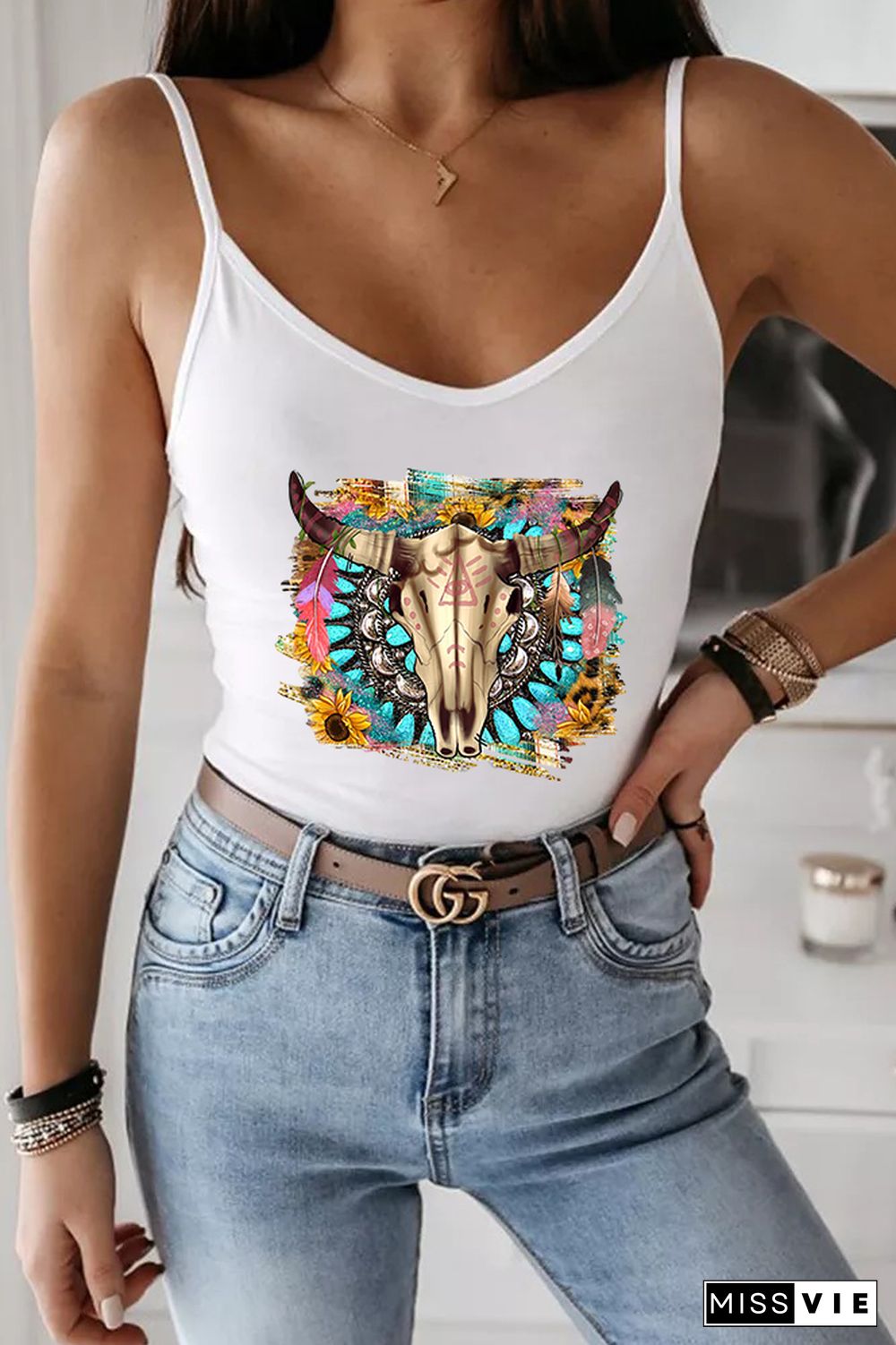 Western Boho Skull Printed Slip Tank Top Wholesale