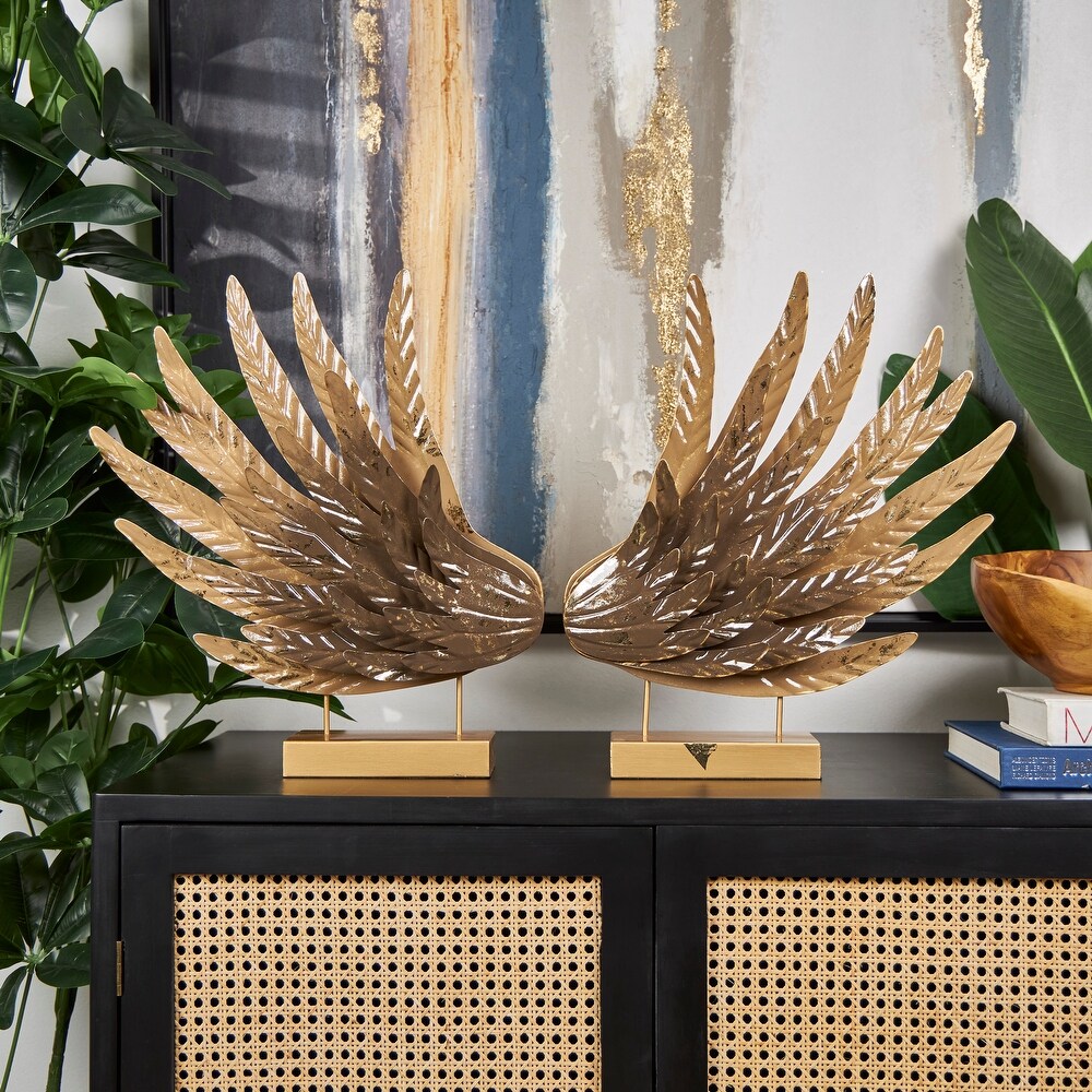 Gold Metal Wing Bird Sculpture with Gold Foil Accents and Stands (Set of 2)