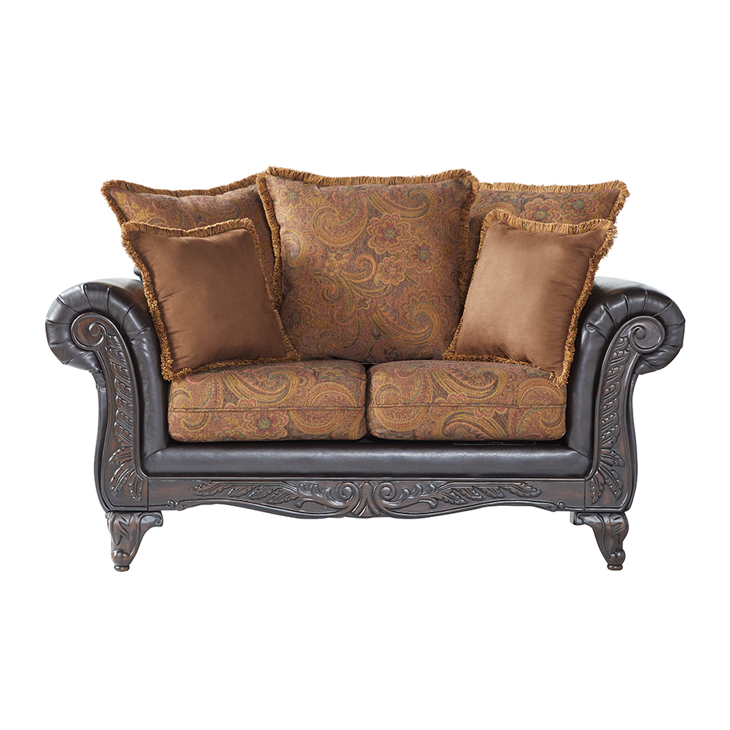 Roundhill Furniture San Marino Traditional Wood Frame Pillow Back Sofa and Loveseat Set, Fabric Upholstery, Chocolate