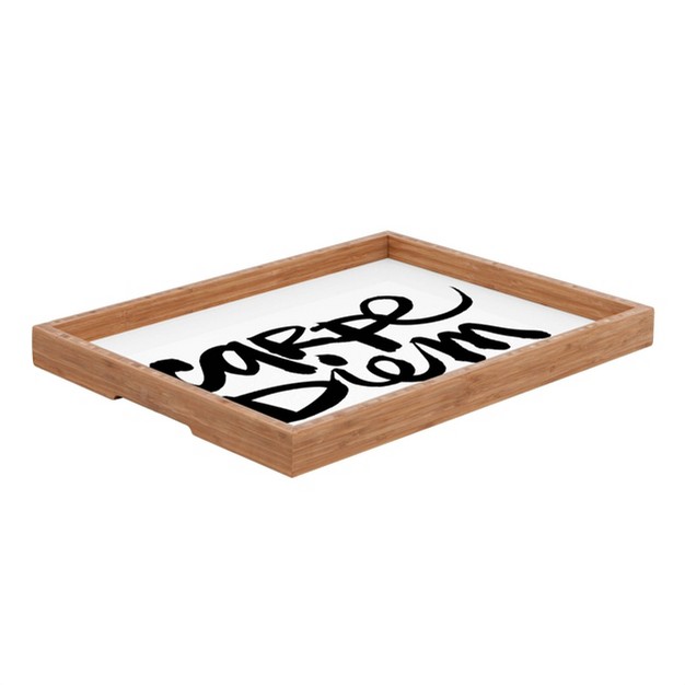 Kal Barteski Carpe Diem Rectangle Tray Black white Deny Designs