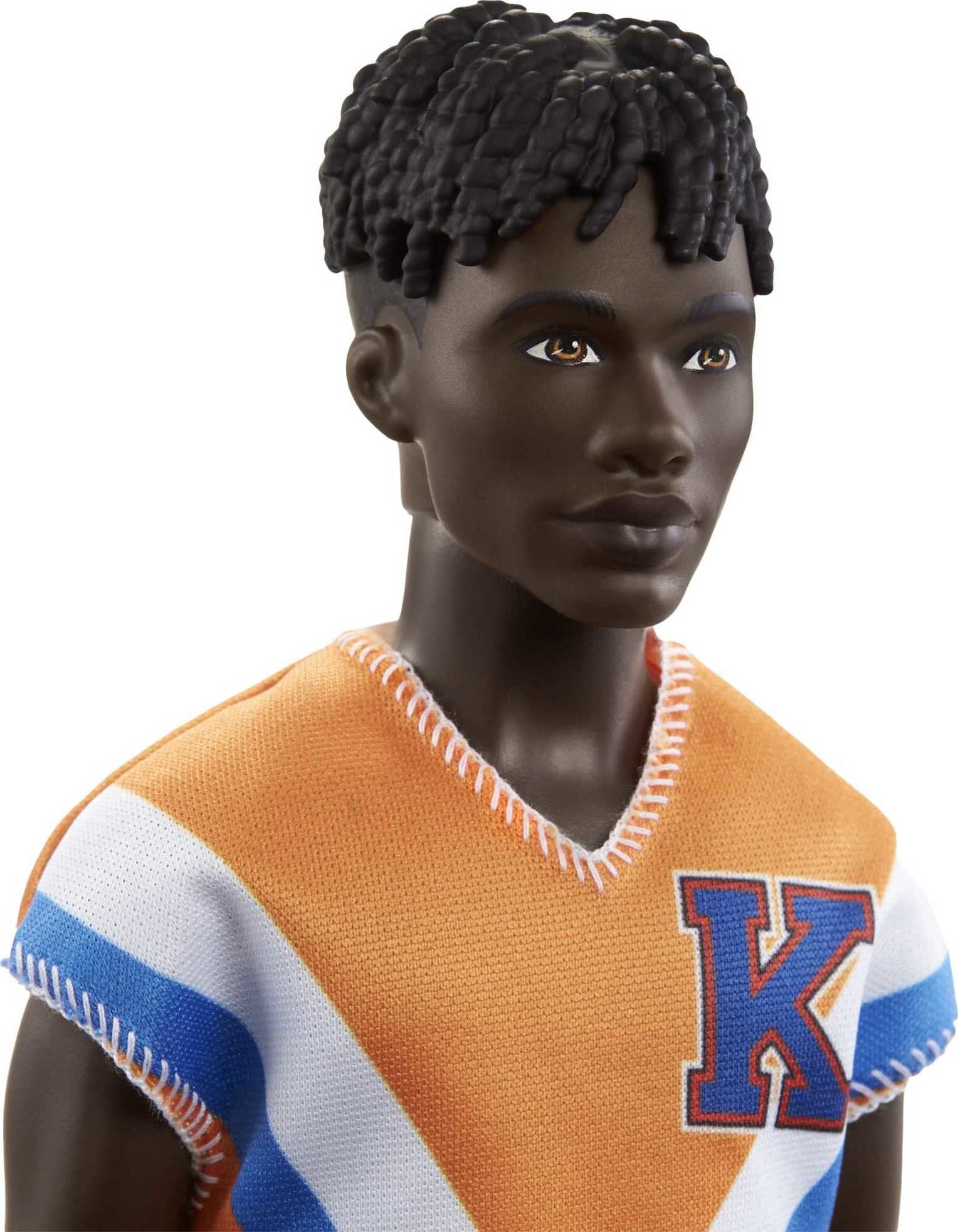 Barbie Fashionistas Ken Fashion Doll #203 in Orange Jersey with Twisted Black Hair & Accessories