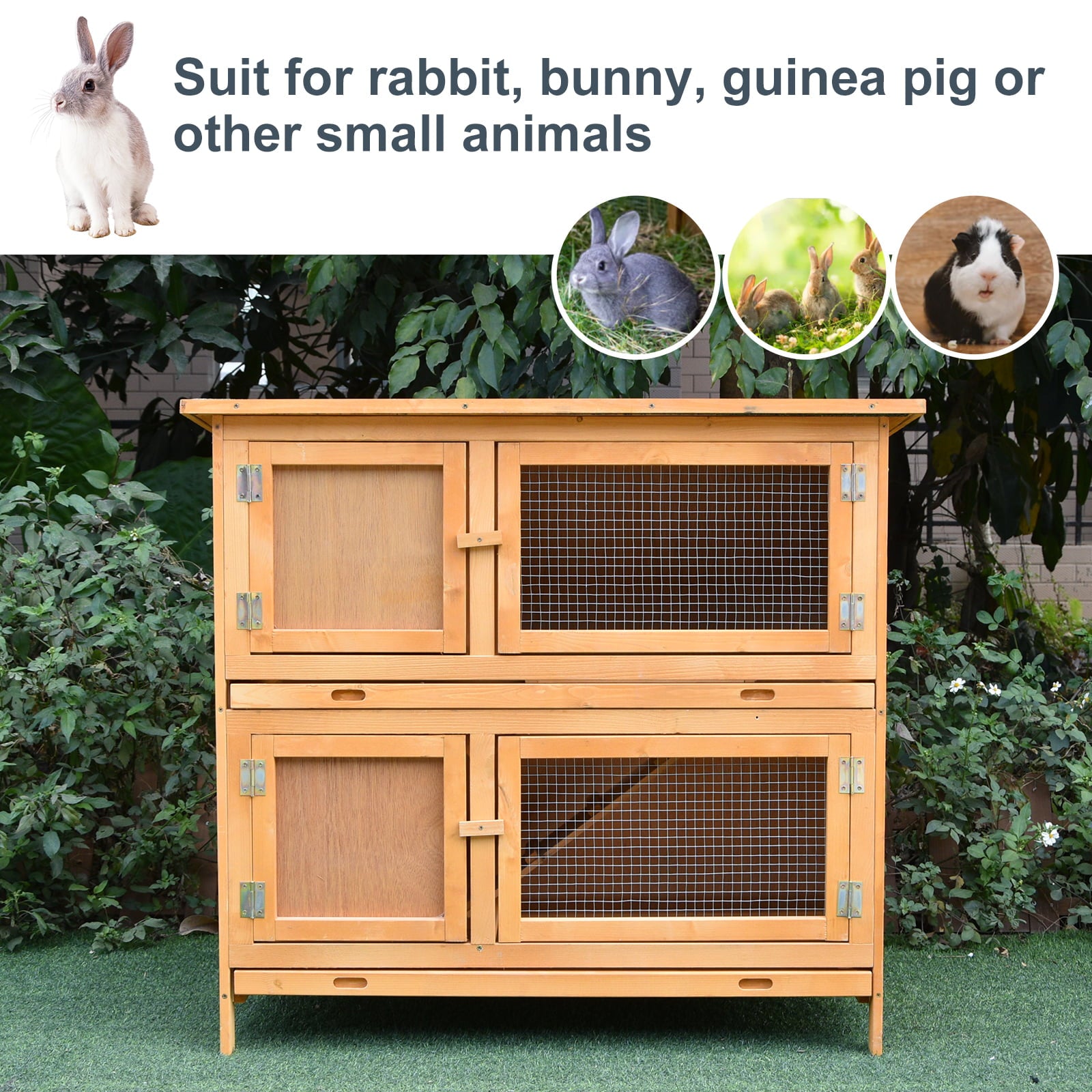 Pawhut Solid Wood Rabbit/Bunny Hutch with 2 Large Main Rooms， Yellow