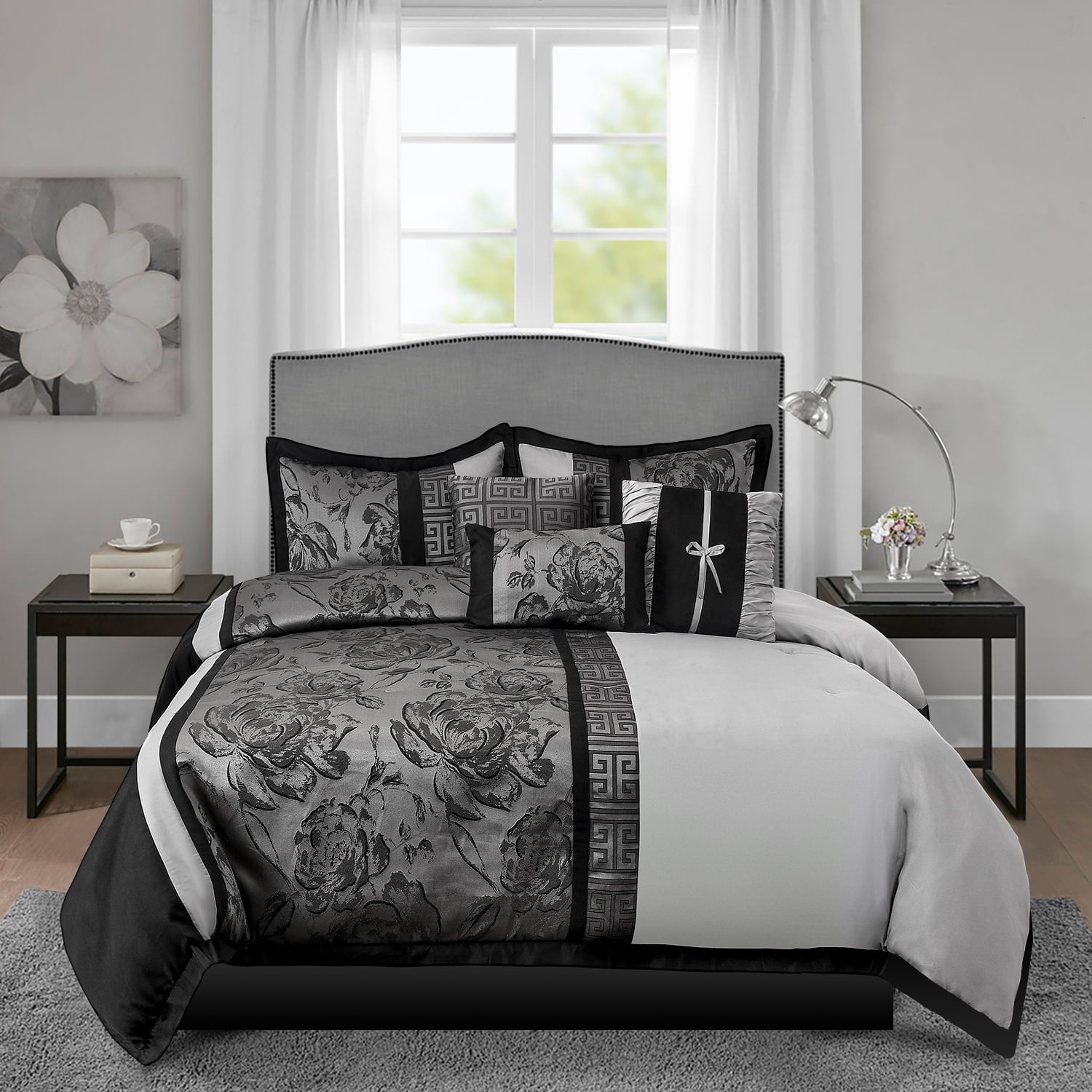 HIG 7 Piece Comforter Set Queen-Gray Jacquard Fabric Patchwork-PEONY Bed In A Bag Queen Size- Soft Texture，Smooth，Good Drapability-Includes 1 Comforter，2 Shams，3 Decorative Pillows，1 Bedskirt