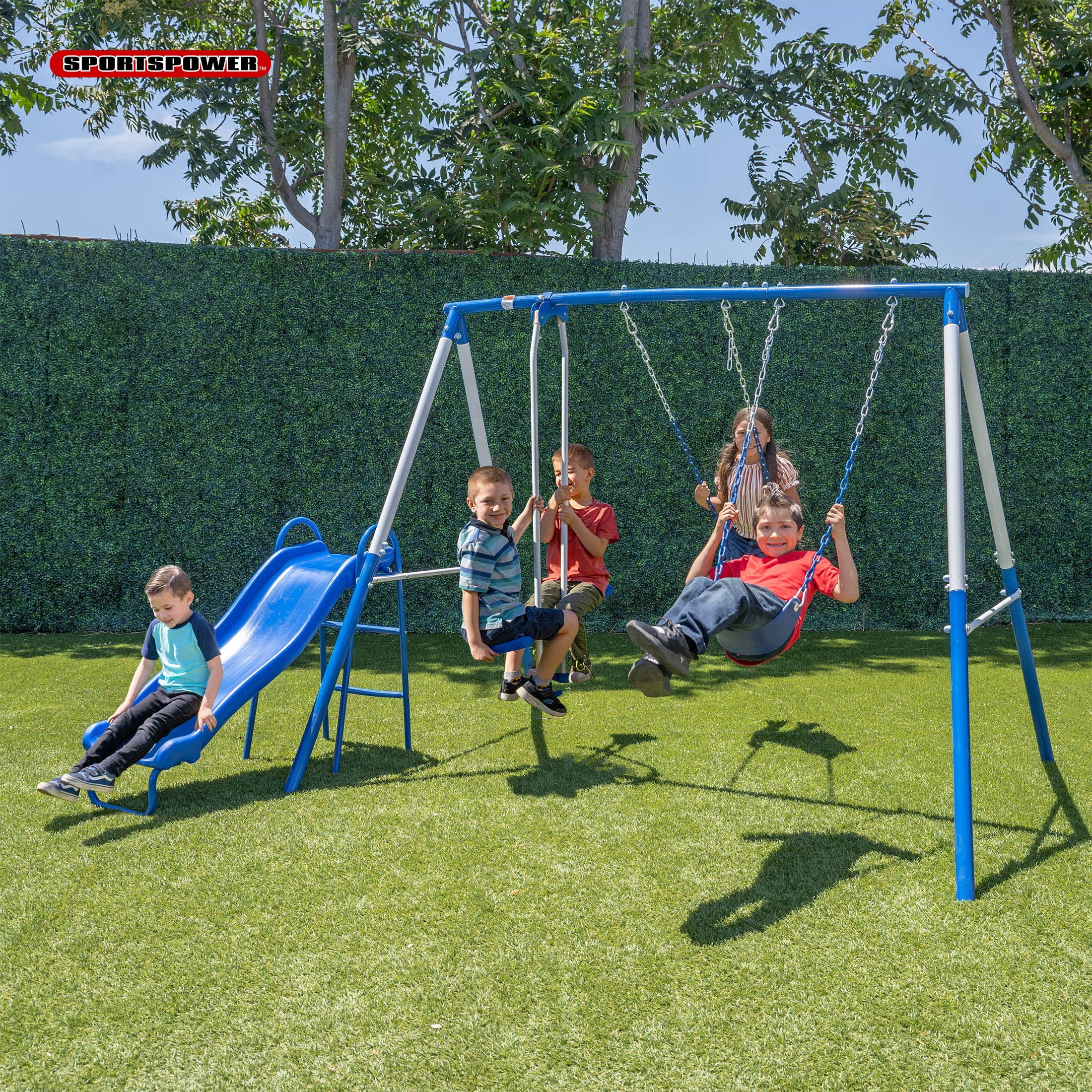 Sportspower Albany Metal Swing Set with 2 Person Glider Swing， 5ft Slide and 2 Adjustable Sling Swing Seats