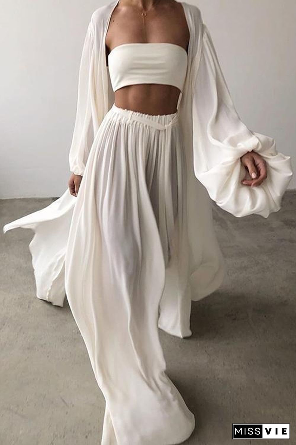 Flowing Puff Sleeve 3Pc Cardigan Pants Set