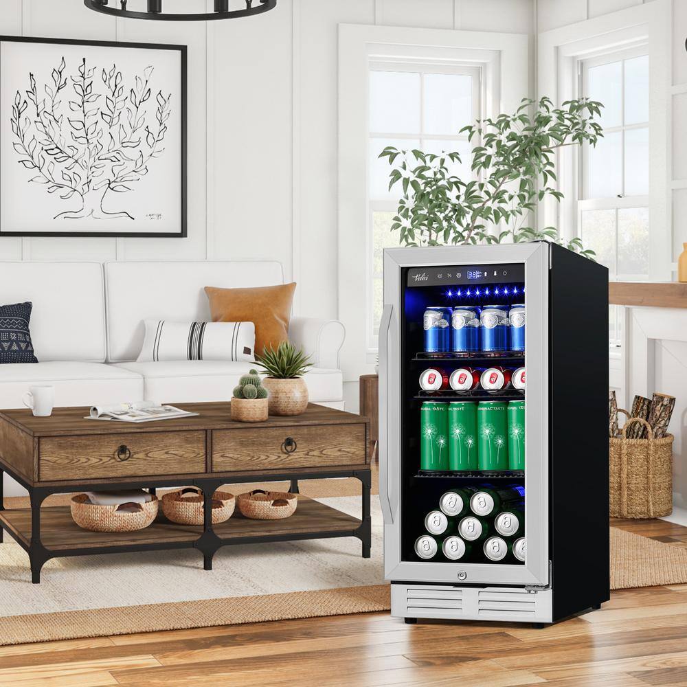 Velivi 15 in. 127 (12 oz.) Can Freestanding Beverage Cooler Fridge with Adjustable Shelves in Stainless Steel KMYL100HD