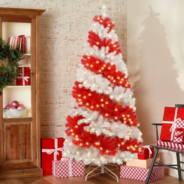 6ft Artificial Christmas Tree with 300 LED Lights and 900 Bendable Branches，Candy Cane Christmas Tree Holiday Decoration