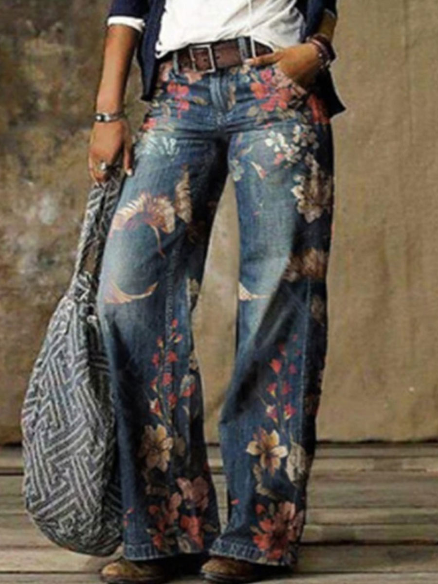 Denim Print Loose Retro Pants