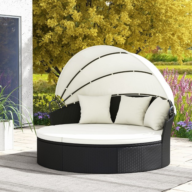 Tangkula Patio Round Daybed Wicker Daybed W Retractable Canopy Separated Seating Sectional Sofa