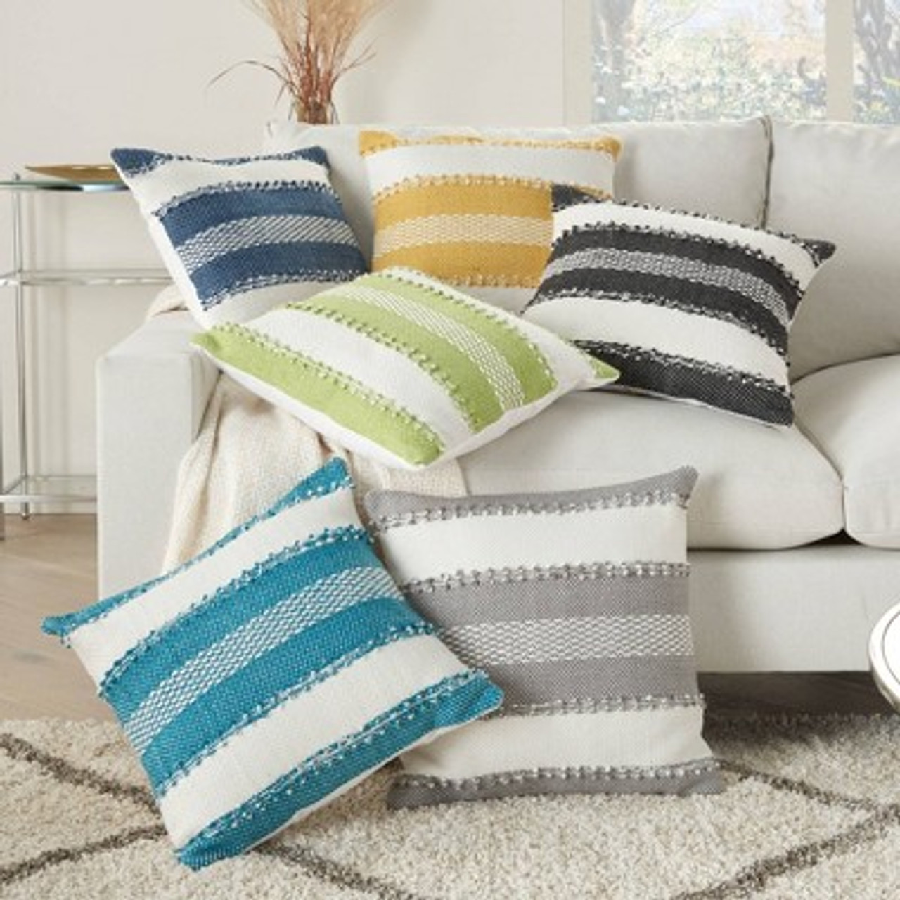 18x18 Woven Striped and Dots Indoor/Outdoor Square Throw Pillow Navy - Mina Victory