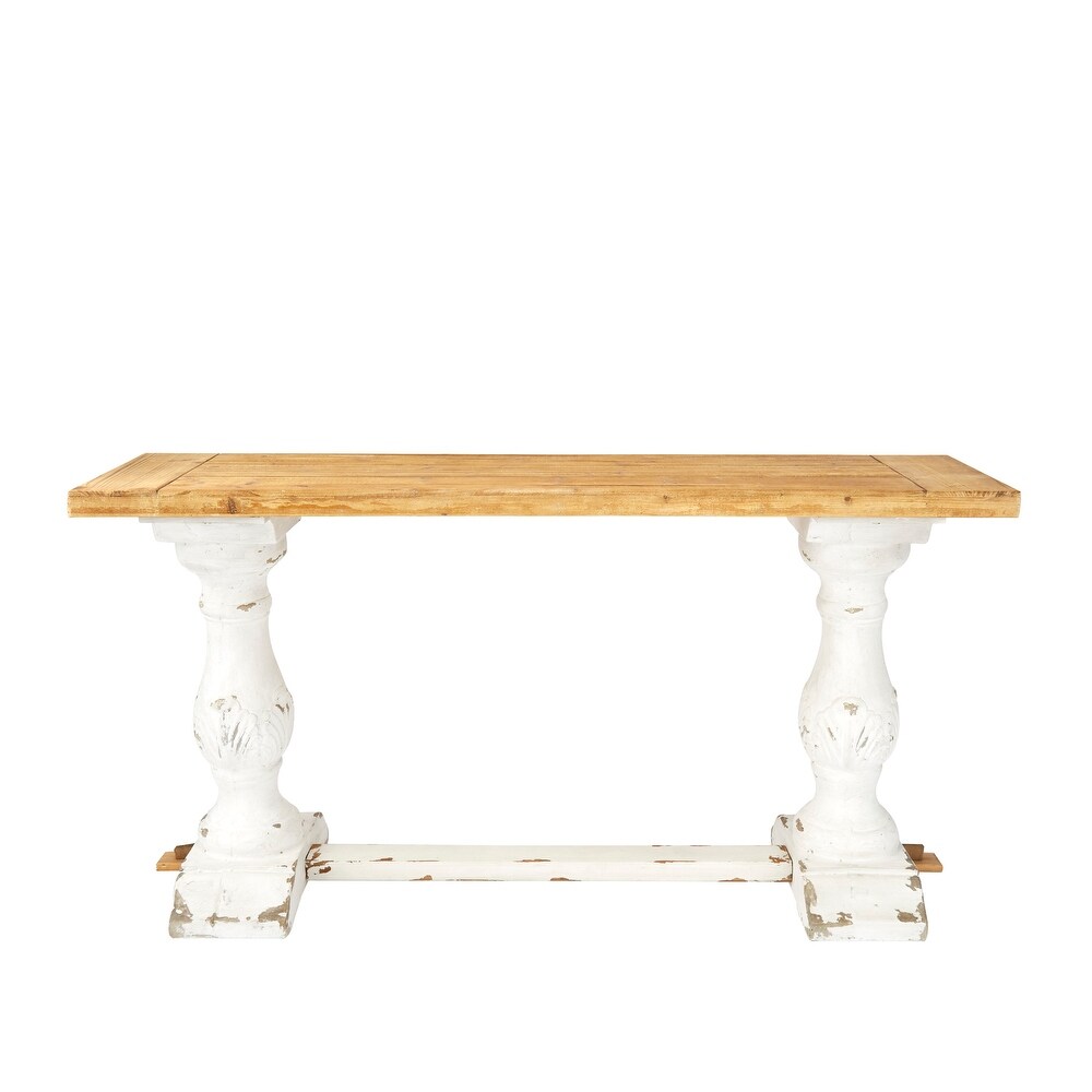 White Wood Distressed Console Table with Brown Wood Top   59 x 16 x 29