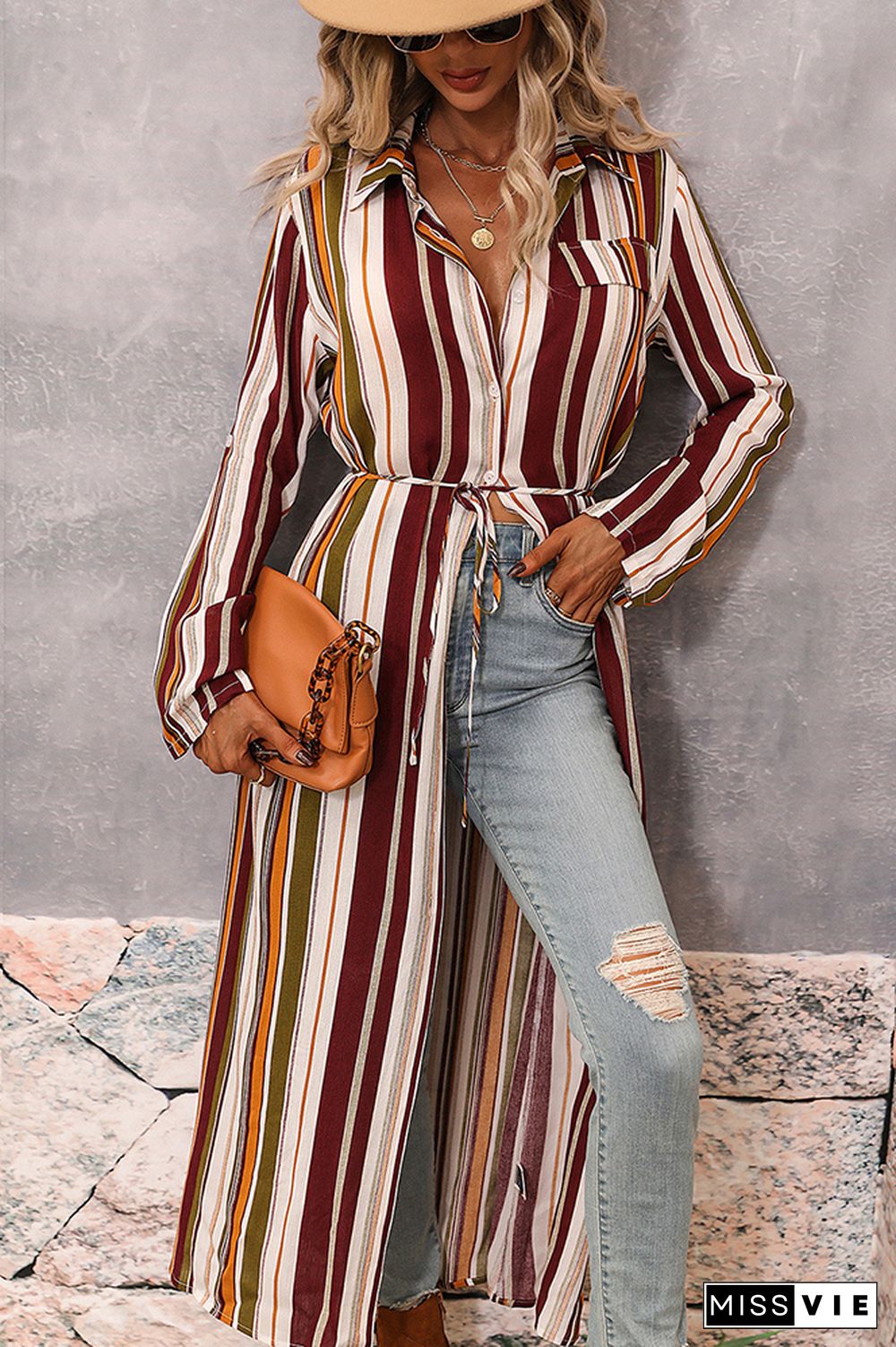 Stripes Print Button Up Long Shirt Dress