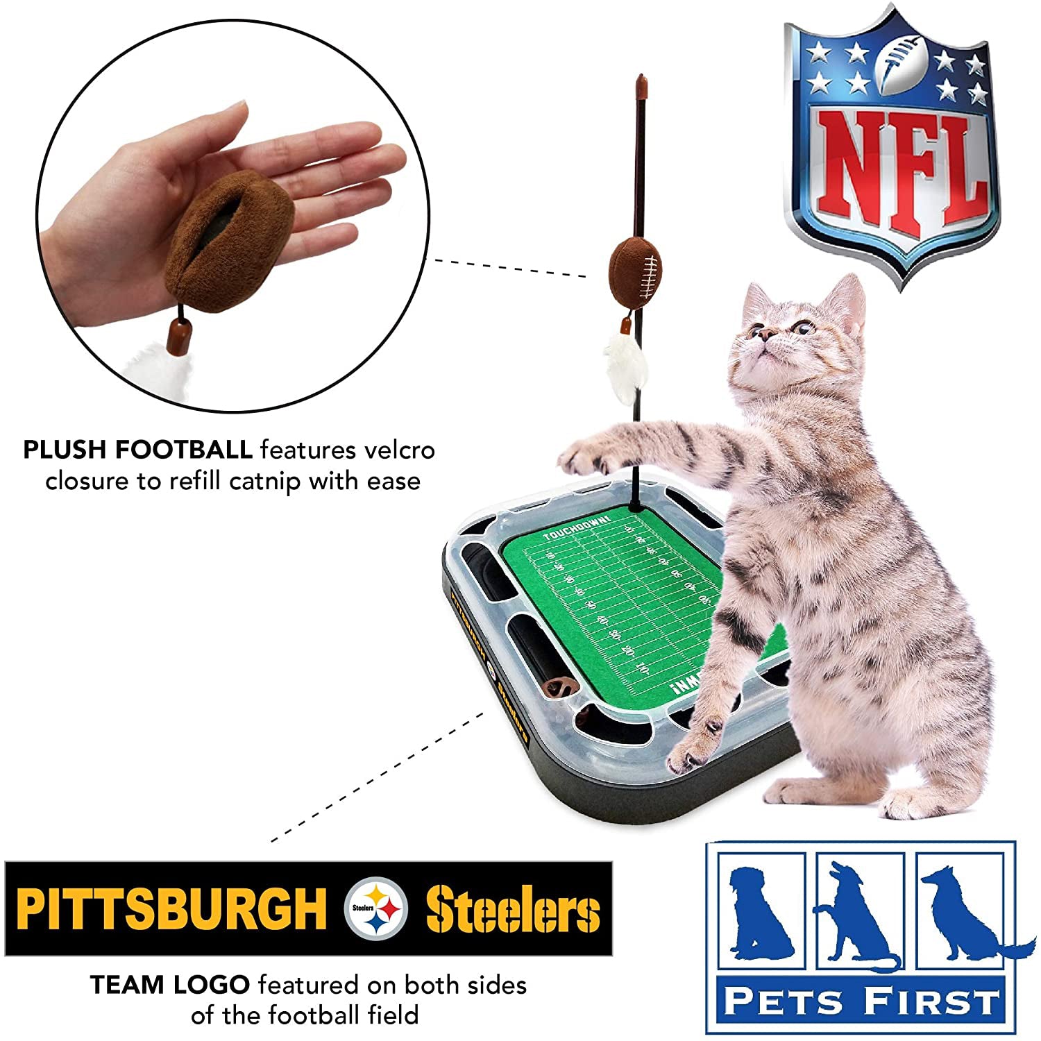 NFL Pittsburgh Steelers Cat Scratcher Toy with Catnip Plush and Feather Cat and Kitty Toy