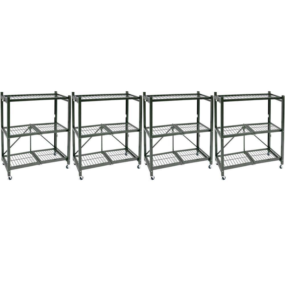 Origami 13.3 in. x 28.75 in. x 35.4 in. R3 Foldable Pewter 3-Tiered Shelving Unit Storage Rack and Wheels (4-Pack) 4 x R3-01W