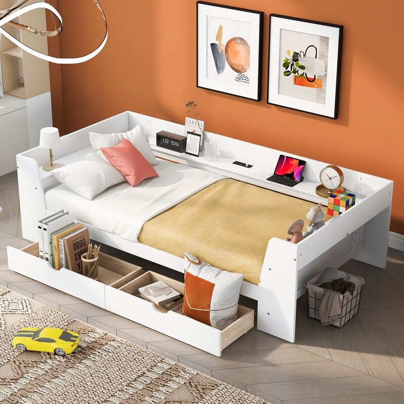 Twin Size Daybed w/Shelves  2 Drawers  Built In Charging Station