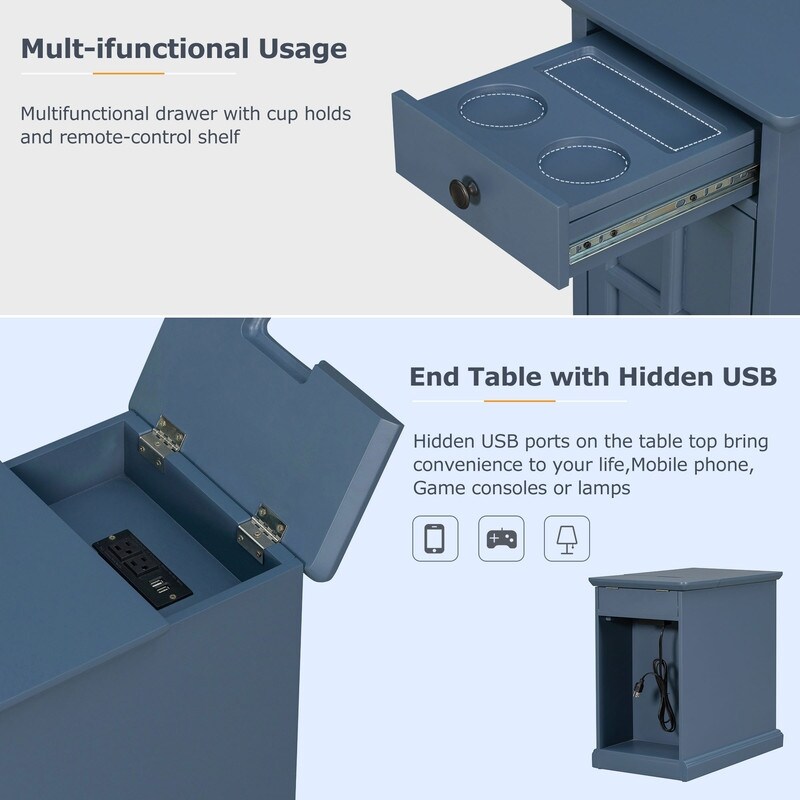 Vintage Wood End Table with USB Ports 1 Drawer with Cup Holder  Classic Side Tables Sofa Table for Living Room