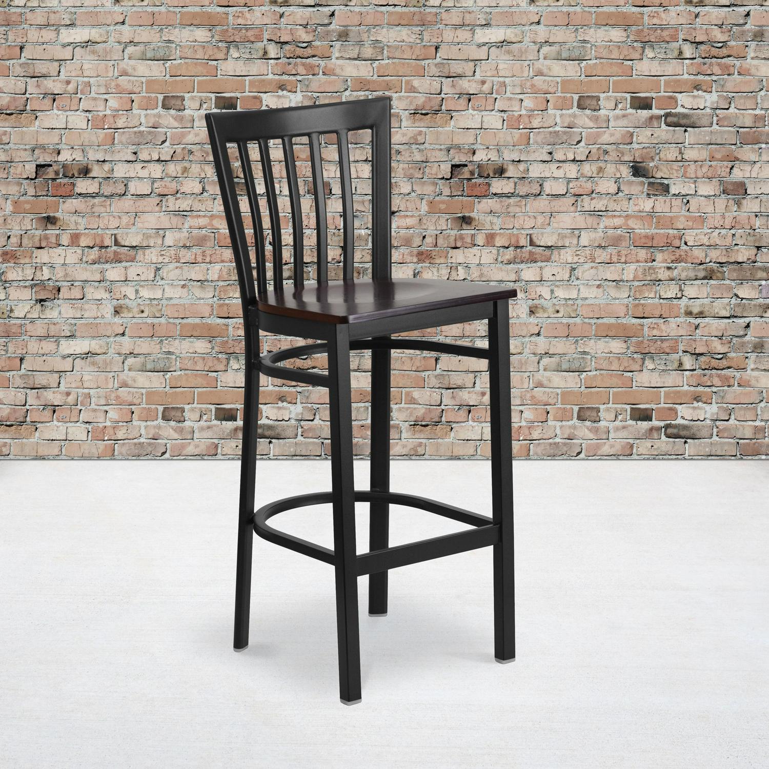 Flash Furniture HERCULES Series Black School House Back Metal Restaurant Barstool  Walnut Wood Seat