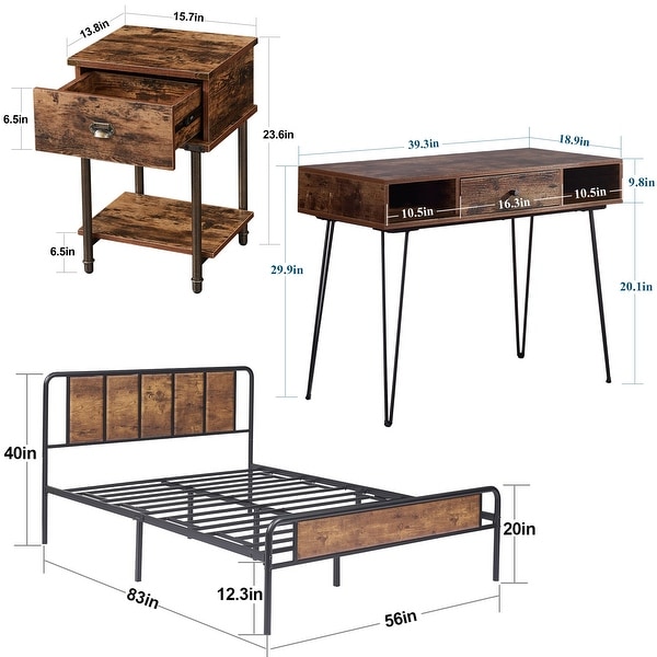 Industrial 4-pieces Bedroom Set Bed Frame Modern Nightstands Set of 2 and Makeup Desk - - 36813769